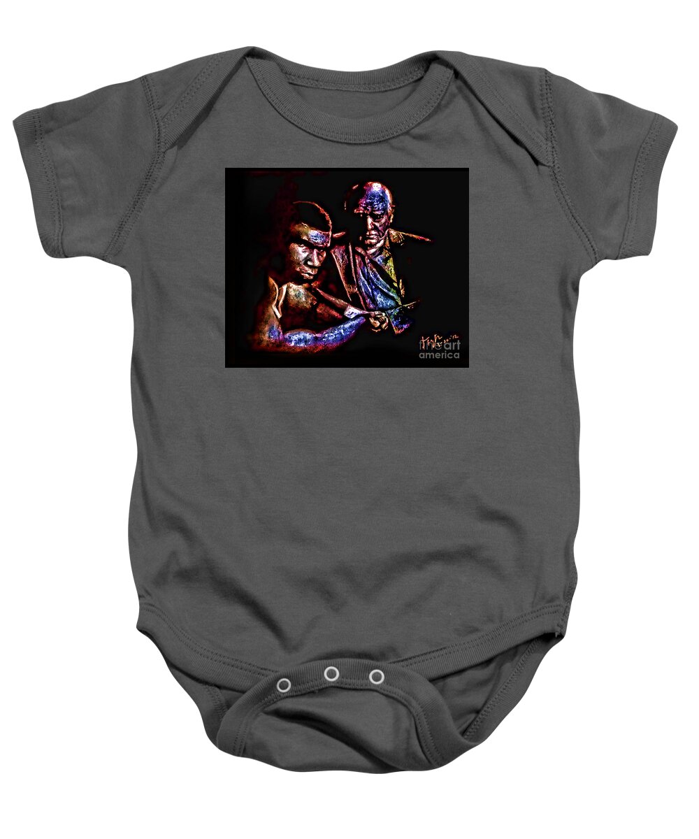 Young Boxer Baby Onesie featuring the drawing Young Boxer And Soon To Be World Champion Mike Tyson and Trainer Cus Damato II by Jim Fitzpatrick