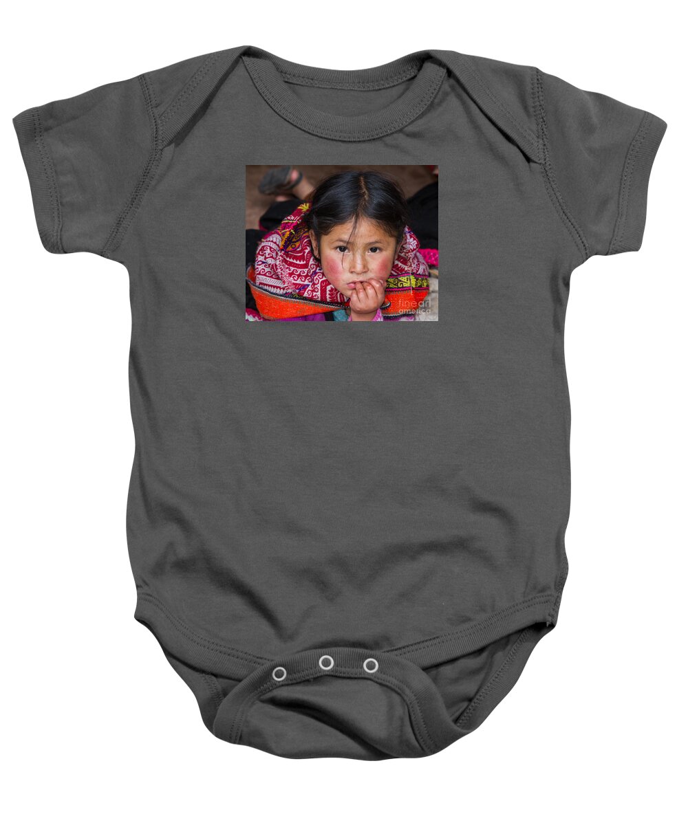Baby Baby Onesie featuring the photograph Young girl in Peru by Dan Hartford