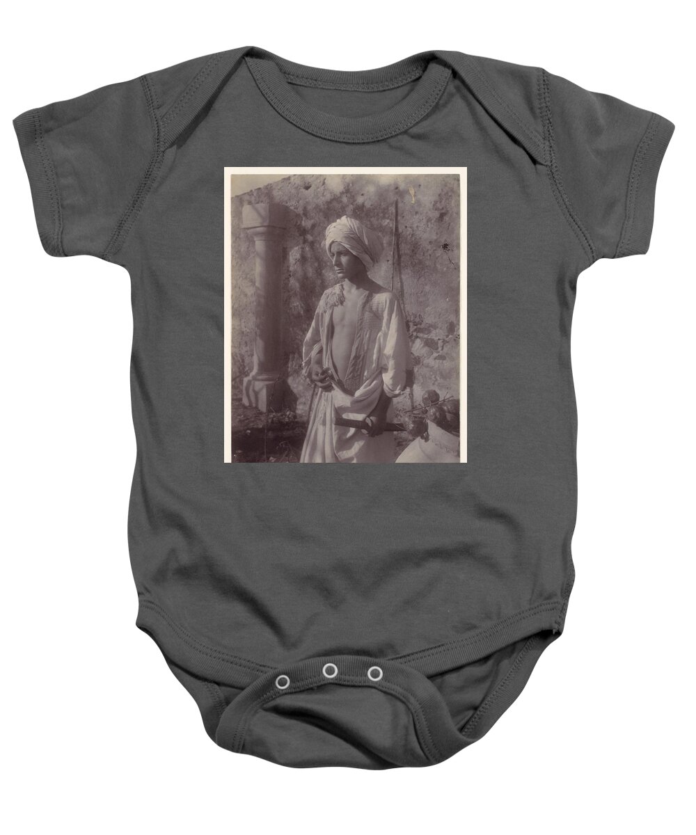 [young Man In White Robe And Head Gear Holding Scabbard Baby Onesie featuring the painting Young Man in White Robe and Head Gear Holding Scabbard by MotionAge Designs