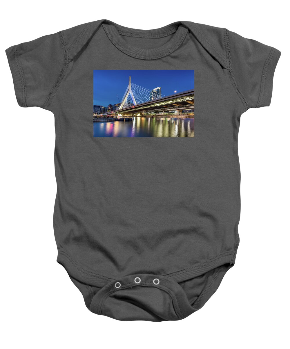 America Baby Onesie featuring the photograph Zakim Bridge and Charles River by Val Black Russian Tourchin
