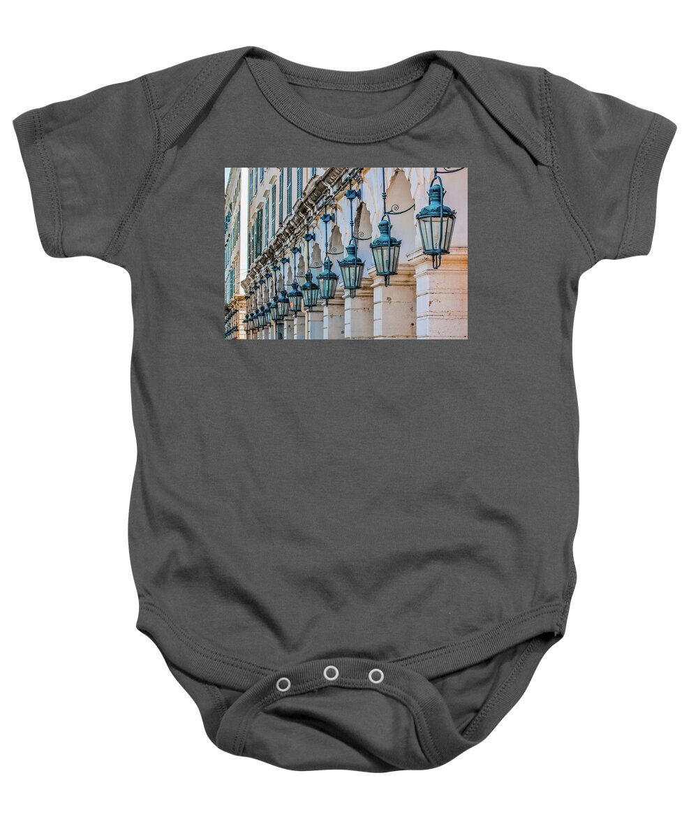 Arch Baby Onesie featuring the photograph Arches and Lamps in Greece #1 by Darryl Brooks