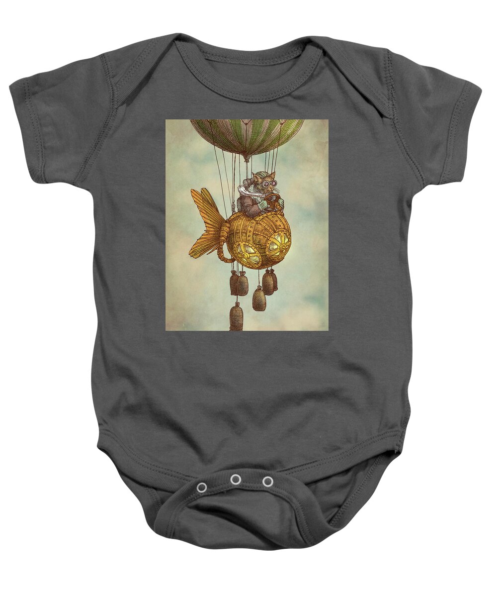 Cat Baby Onesie featuring the drawing Around the World in the Goldfish Flyer #2 by Eric Fan