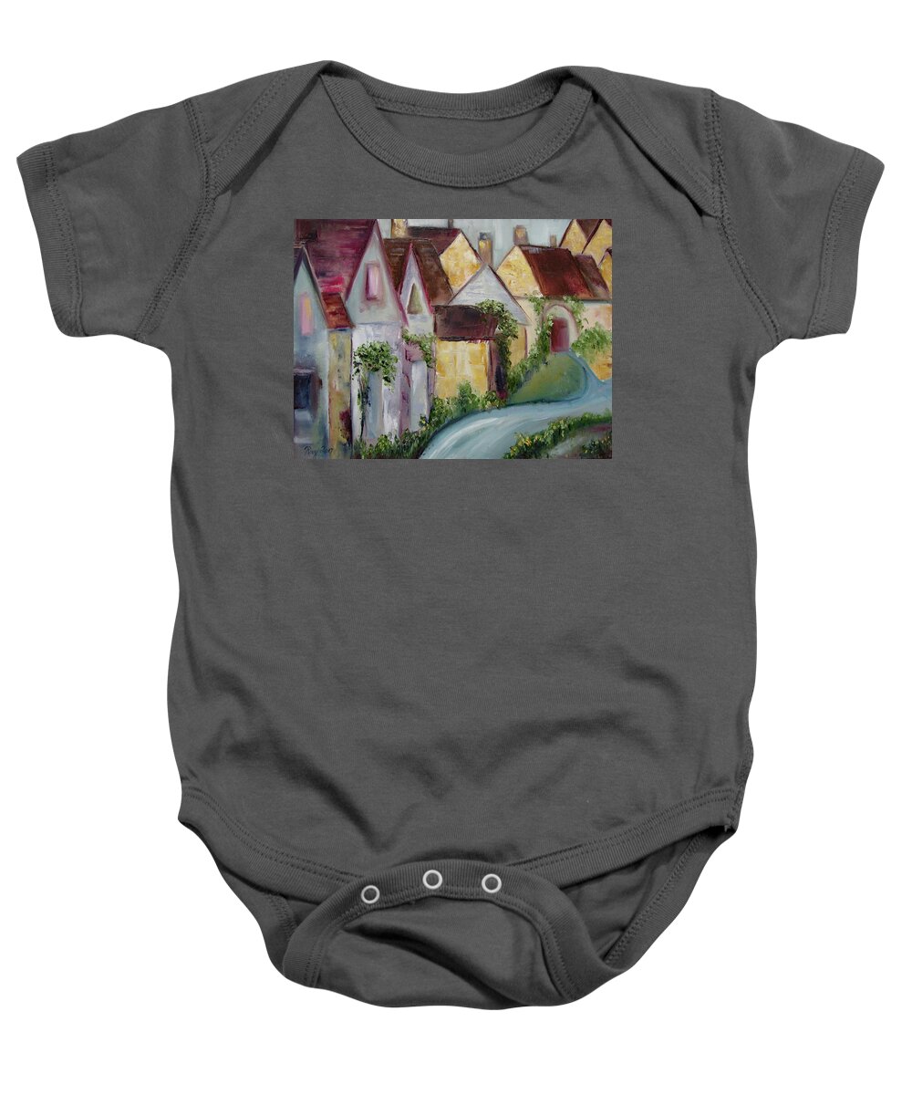 Bourton On The Water Baby Onesie featuring the painting Bourton on the Water by Roxy Rich