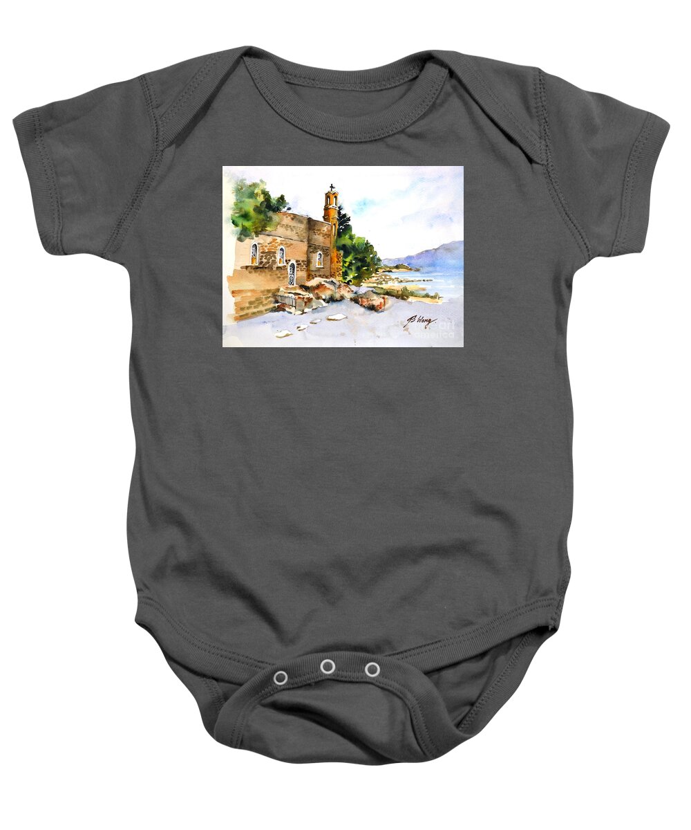Church Baby Onesie featuring the painting Church of Primacy, Galilee #1 by Betty M M Wong