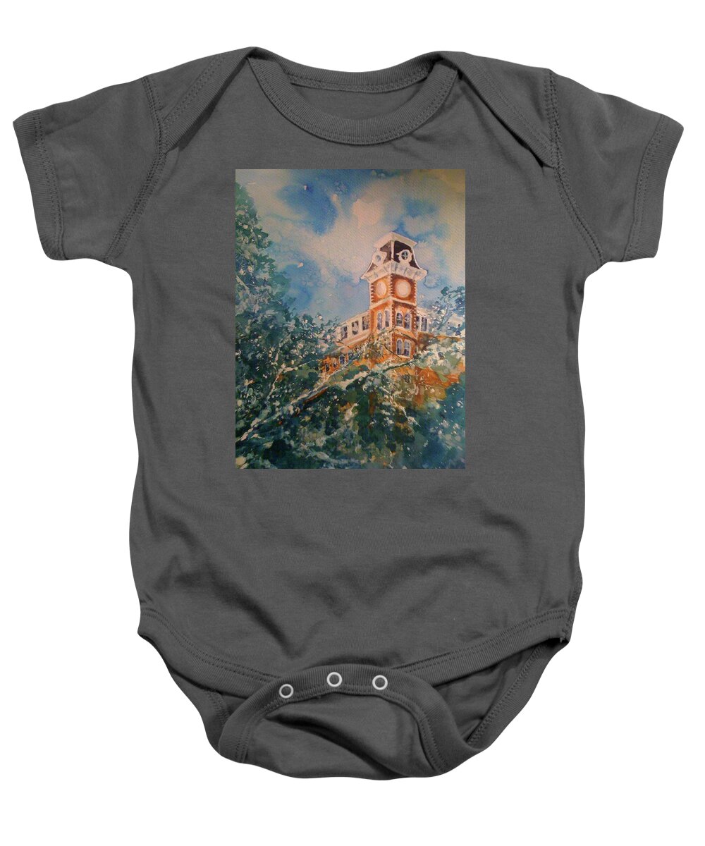 University Of Arkansas Baby Onesie featuring the painting Ice on Old Main by Robin Miller-Bookhout