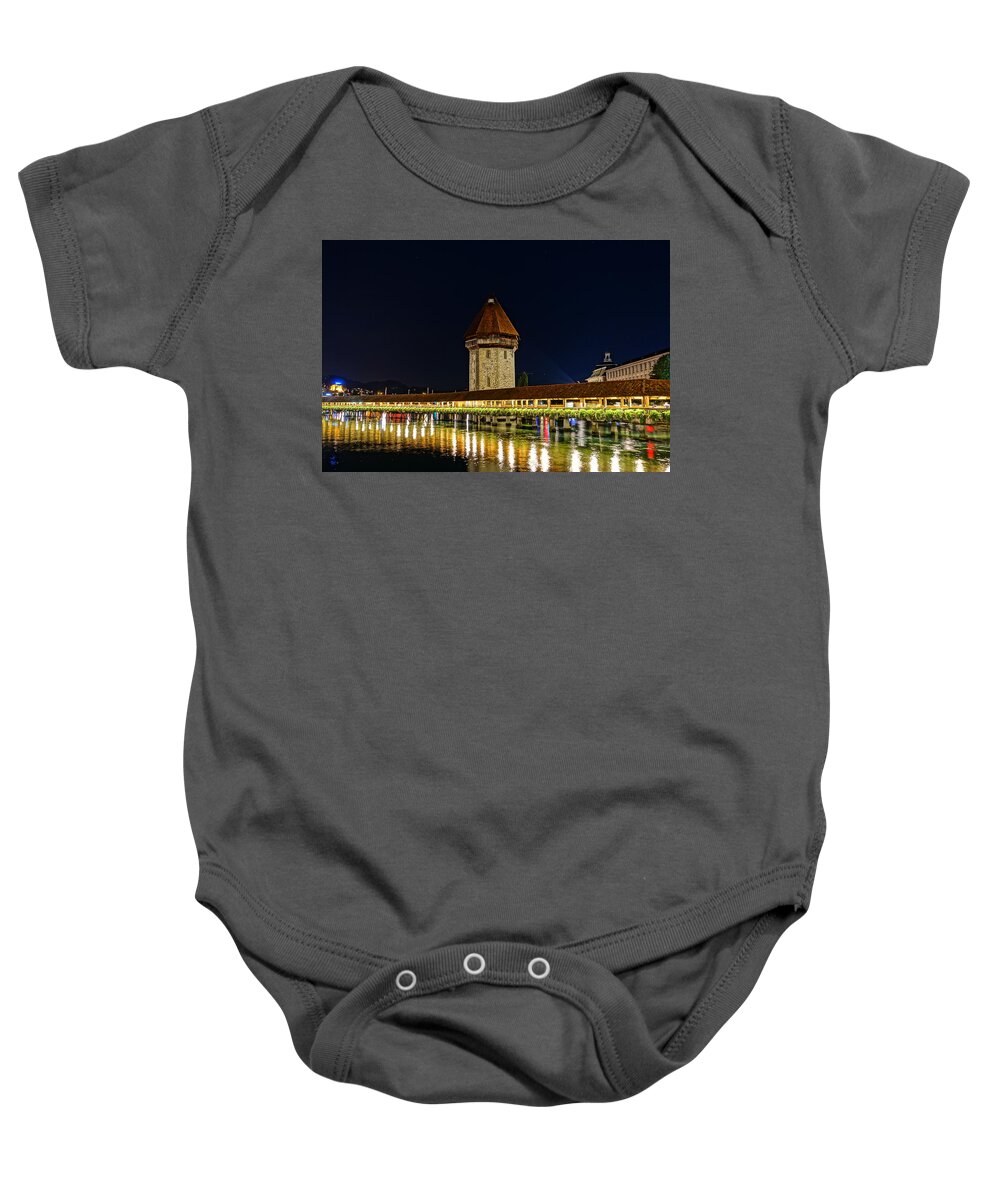 Bridge Baby Onesie featuring the photograph Kapellbrucke at Night Lucerne II by Patricia Caron