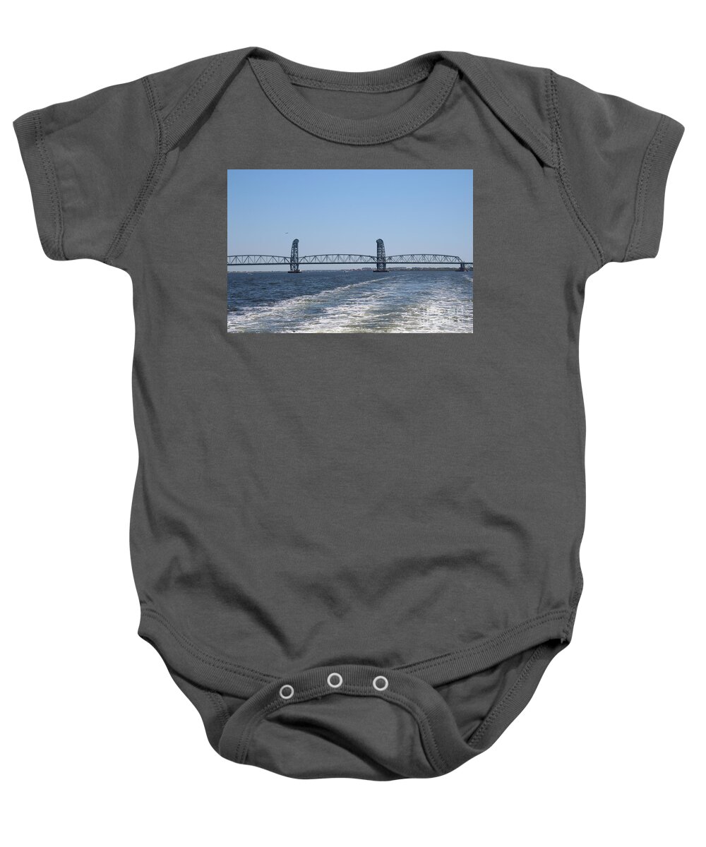 Speeding Past The Marine Park Bridge Baby Onesie featuring the photograph Speeding Past The Marine Park Bridge by Barbra Telfer