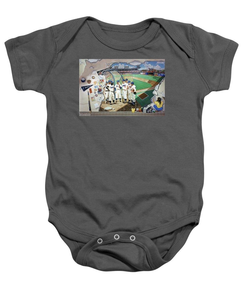Baseball Baby Onesie featuring the painting The Brooklyn Dodgers in Ebbets Field #1 by Bonnie Siracusa