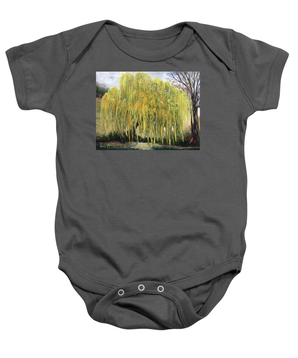 Weeping Willow Baby Onesie featuring the painting The Willow Tree #1 by Roxy Rich