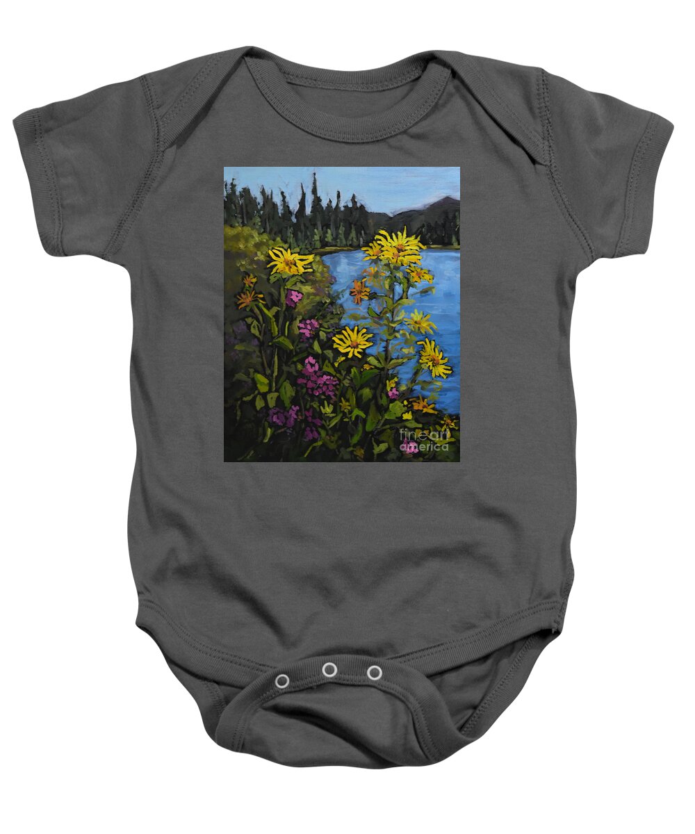 Wild Baby Onesie featuring the painting Wild Beauty at Bass Lake #1 by Mary Beth Harrison