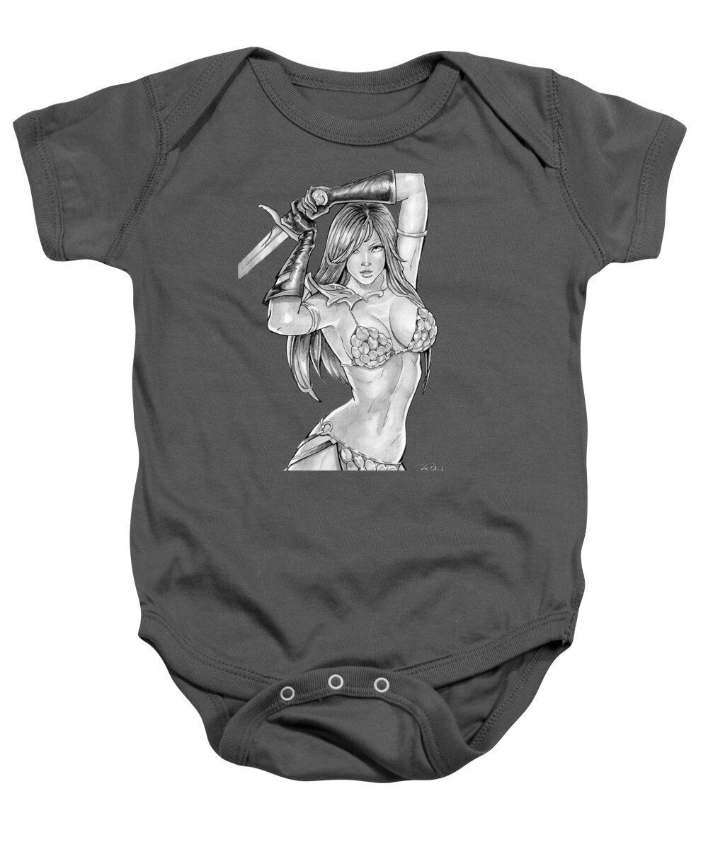 Red Baby Onesie featuring the drawing Red Sonja #11 by Bill Richards