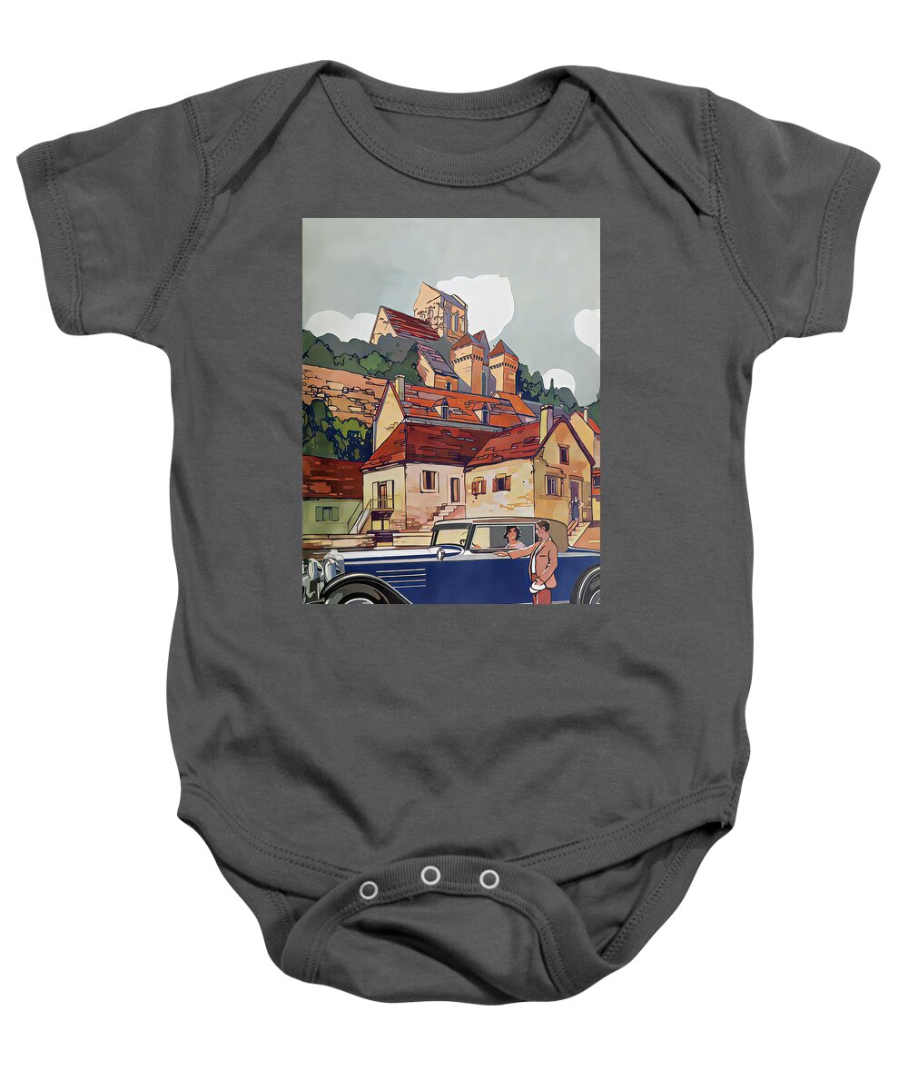 Vintage Baby Onesie featuring the mixed media 1930 Coupe With Woman Driver And Visitor Dutch Village Original French Art Deco Illustration by Retrographs