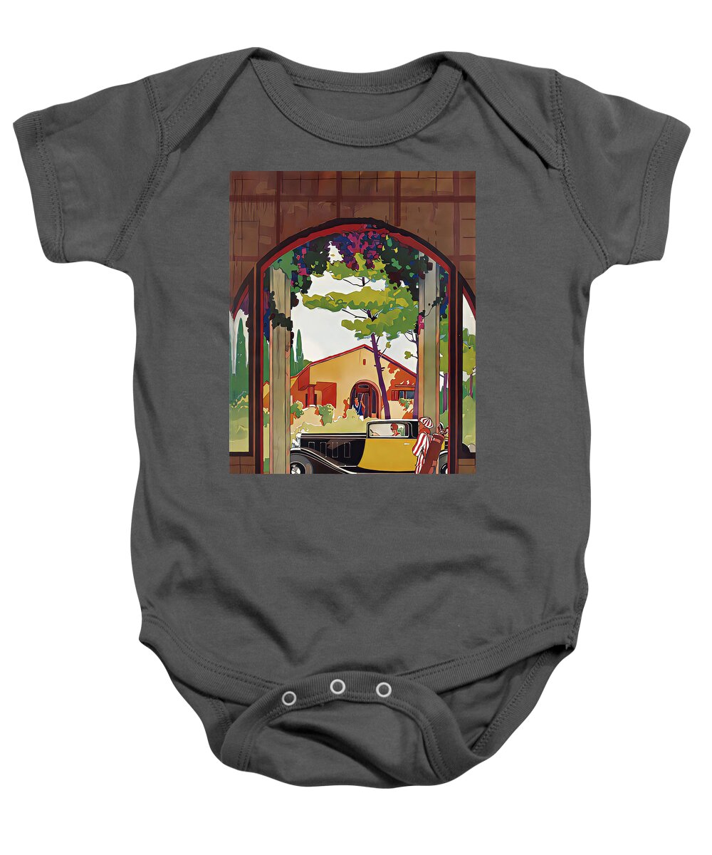 Vintage Baby Onesie featuring the mixed media 1933 Coupe With Woman Driver And Golf Partners Original French Art Deco Illustration by Retrographs
