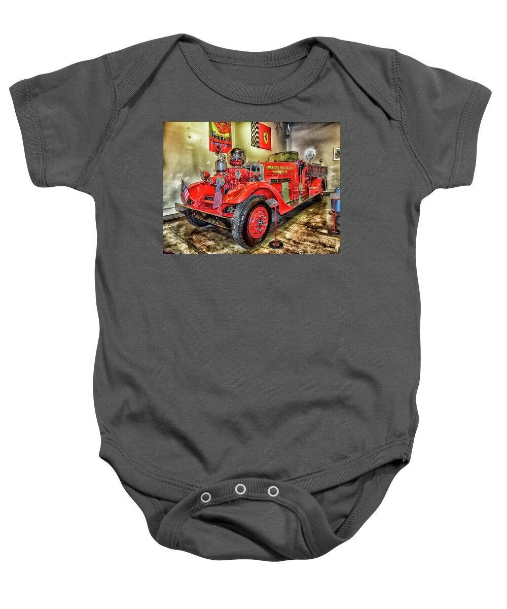 Linda Brody Baby Onesie featuring the digital art 1937 Fire Truck Lansford Pennsylvania Abstract I by Linda Brody