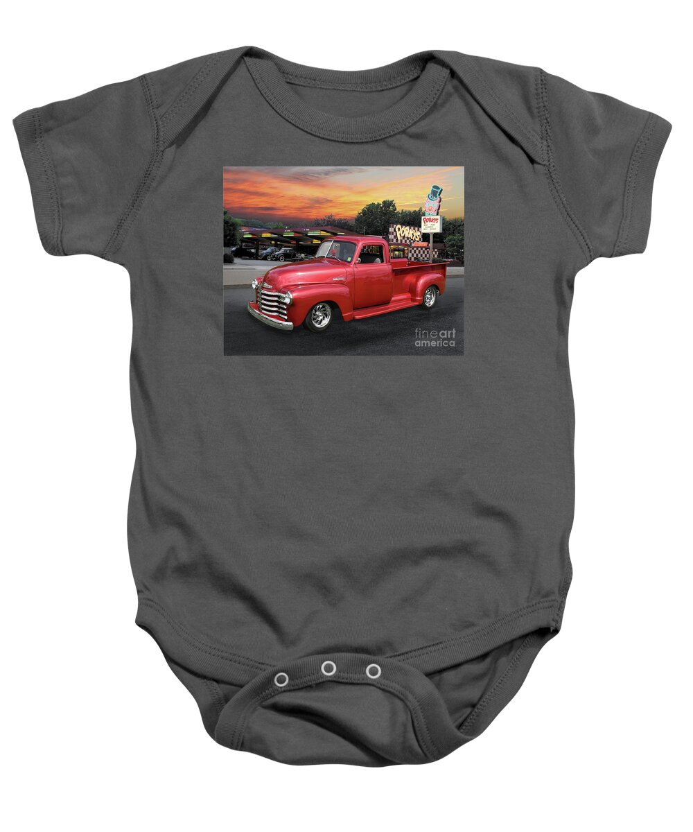 1949 Baby Onesie featuring the photograph 1949 Chevy Pickup at Porky's Drive-In by Ron Long