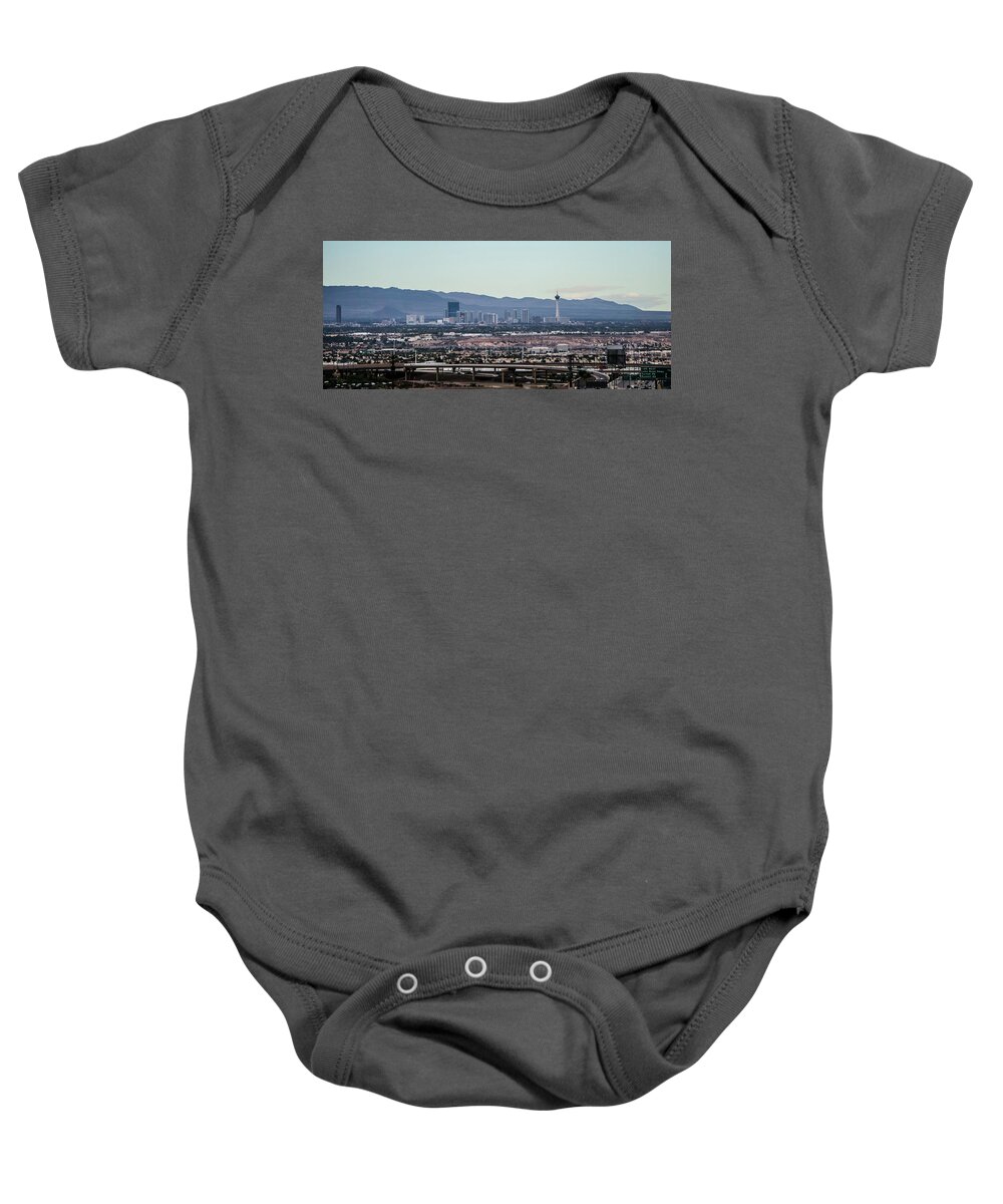 Strip Baby Onesie featuring the photograph Las vegas city surrounded by red rock mountains and valley of fi #6 by Alex Grichenko
