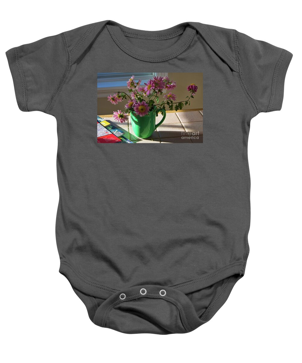 Still Life Baby Onesie featuring the photograph A traveler still life with autumn flowers by Tatiana Travelways