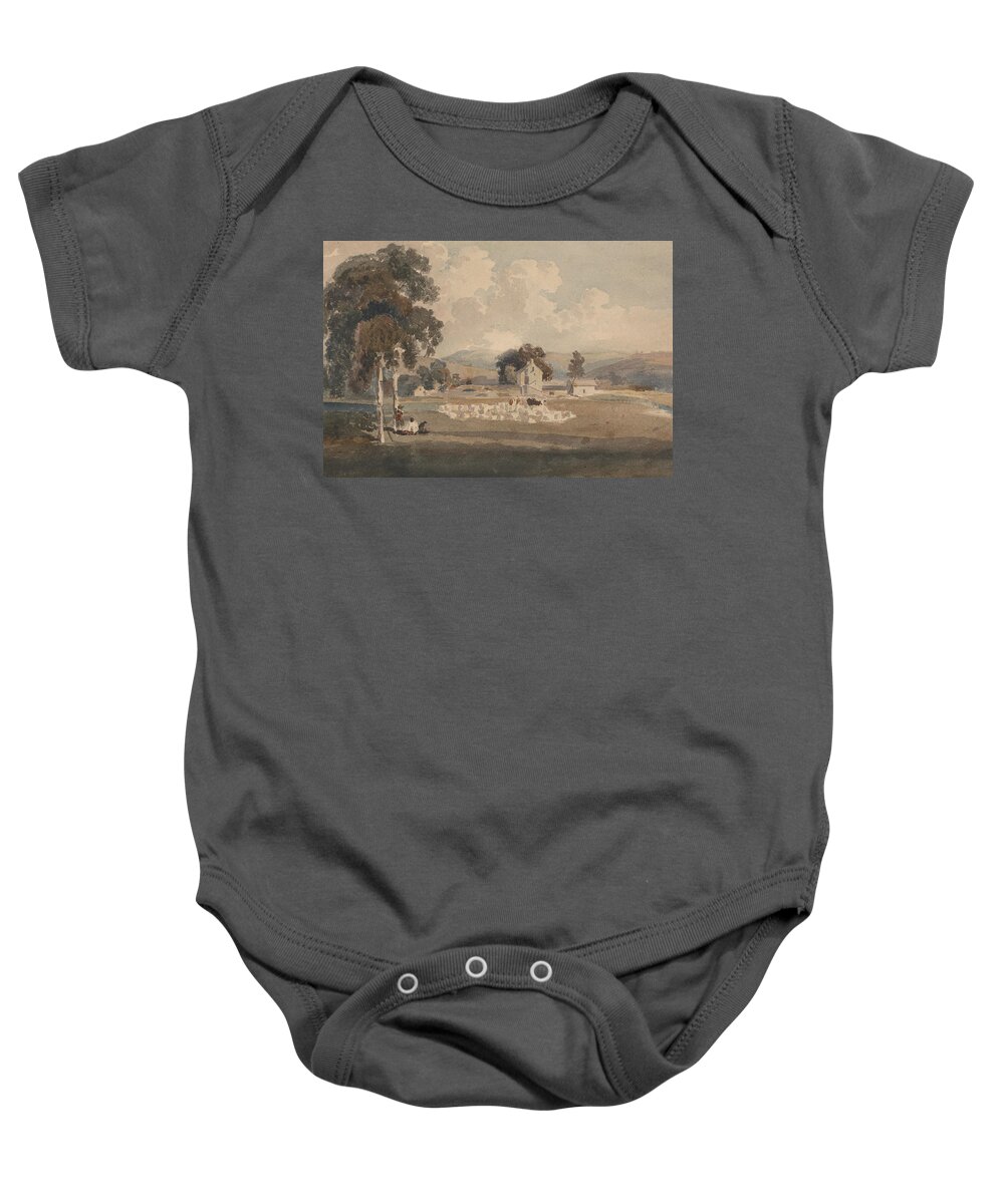 19th Century Art Baby Onesie featuring the drawing A Yorkshire Farm by Peter De Wint