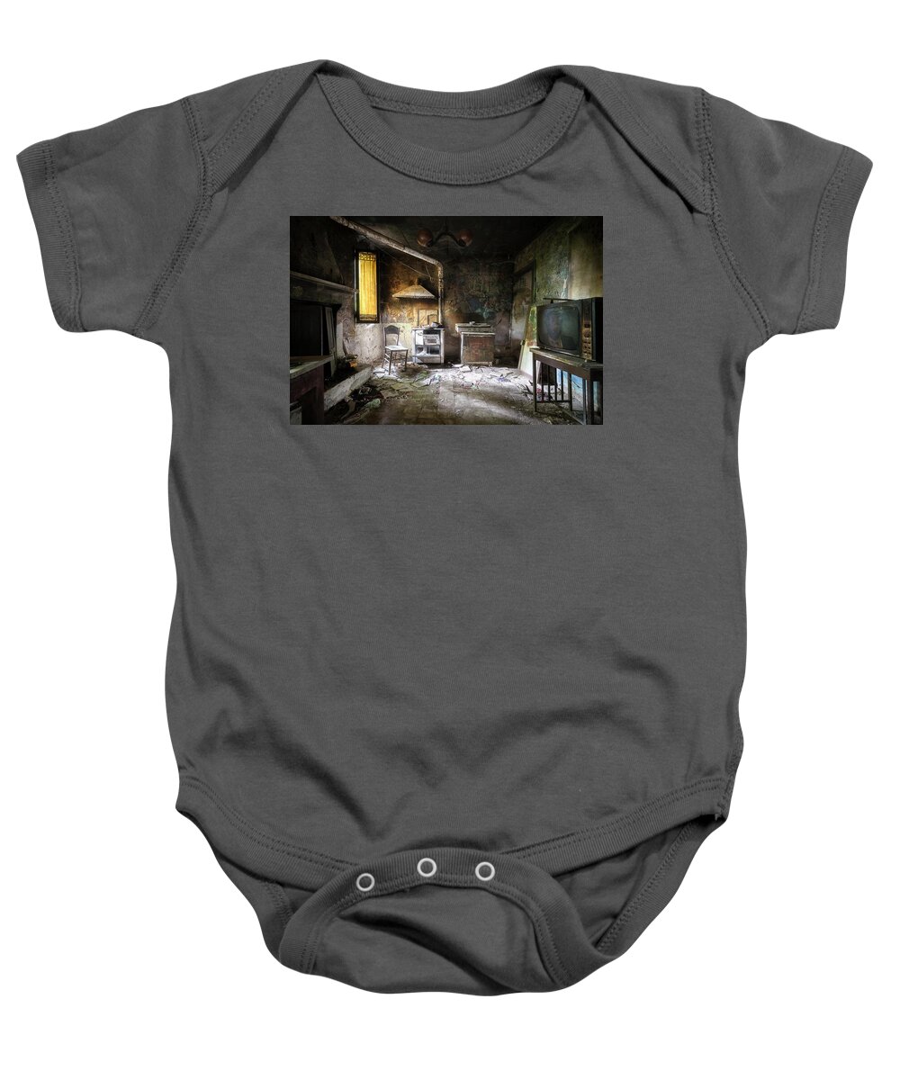 Urban Baby Onesie featuring the photograph Abandoned Kitchen of an Artist by Roman Robroek
