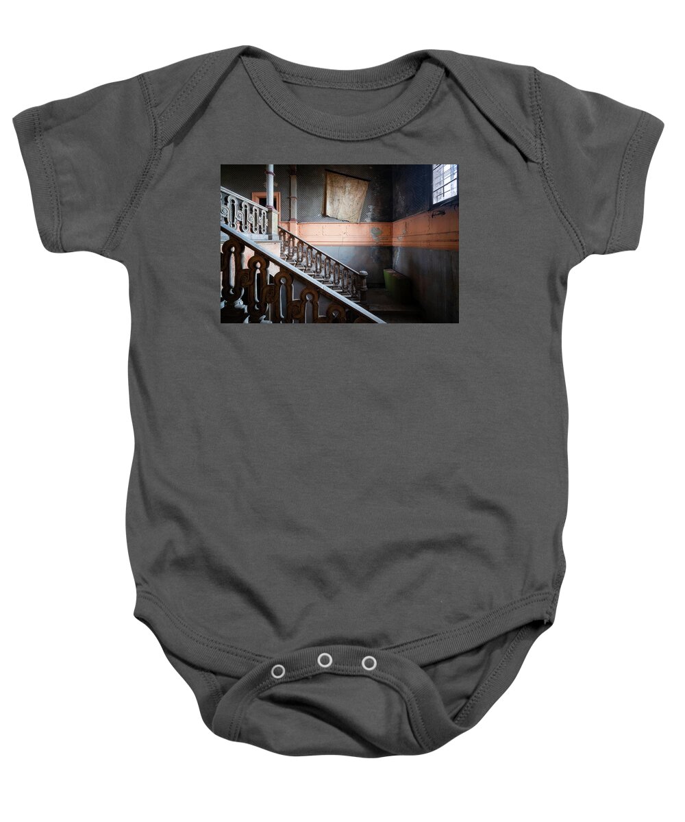 Urban Baby Onesie featuring the photograph Abandoned Staircase with Map by Roman Robroek