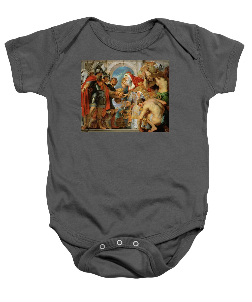 Peter Paul Rubens Baby Onesie featuring the painting Abraham and Melchisedech. Abraham returns victorious from a battle against king Kedor. by Peter Paul Rubens -1577-1640-