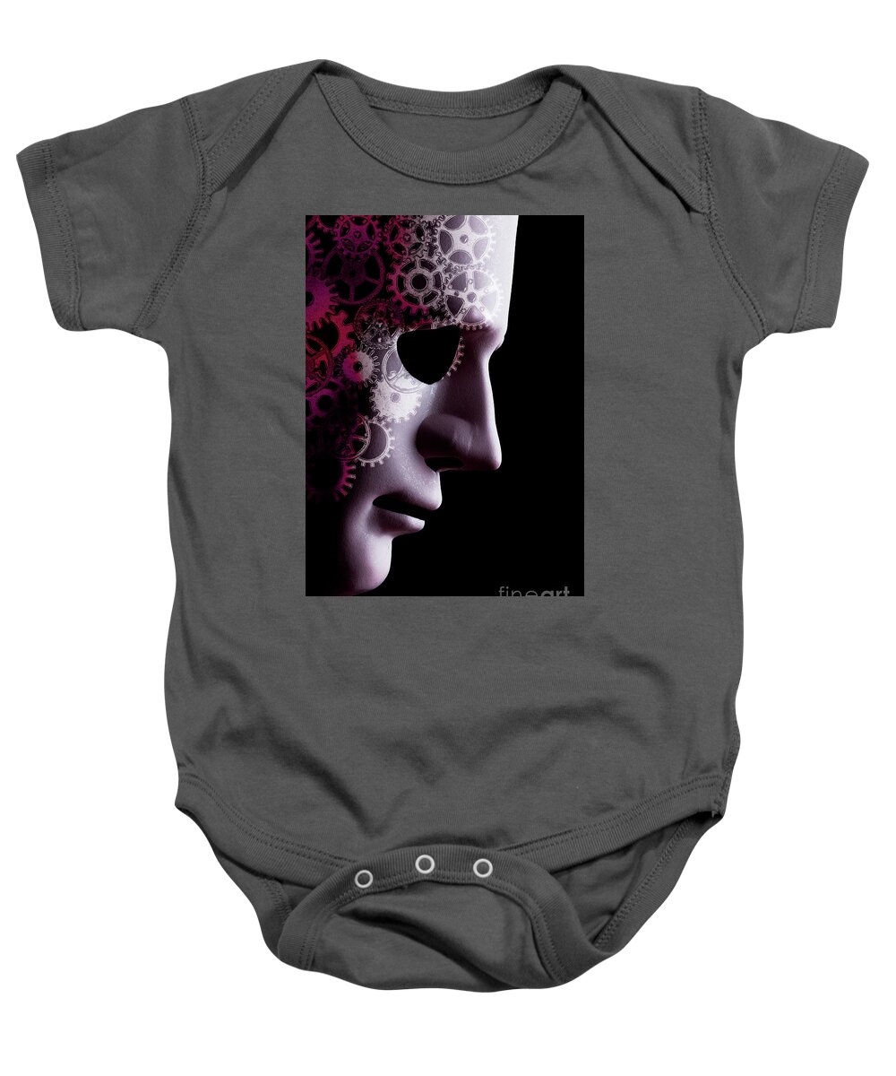 Mask Baby Onesie featuring the photograph A.I. robotic face close up with cogs by Simon Bratt