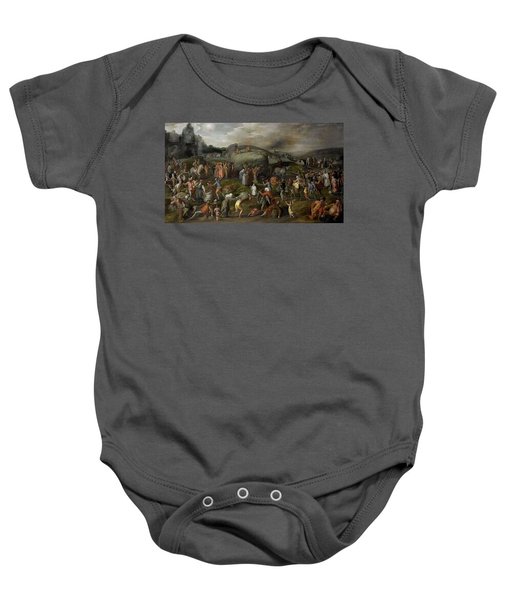 Gillis Mostaert (i) Baby Onesie featuring the painting Allegory of Abuses by the Authorities of Church and State. by Gillis Mostaert -I-