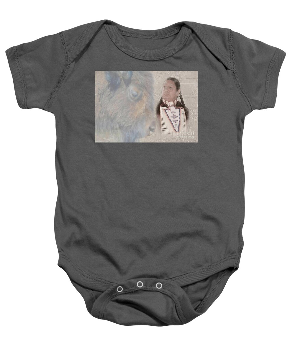 American Indian Baby Onesie featuring the photograph American Indian and Buffalo by Dyle Warren