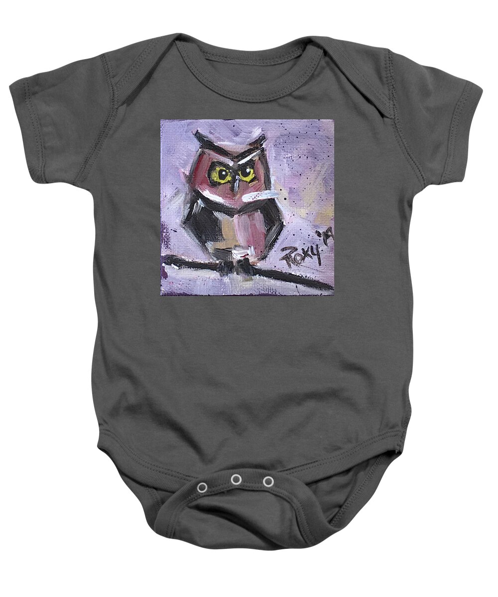 Owl Baby Onesie featuring the painting Annoyed Little Owl by Roxy Rich