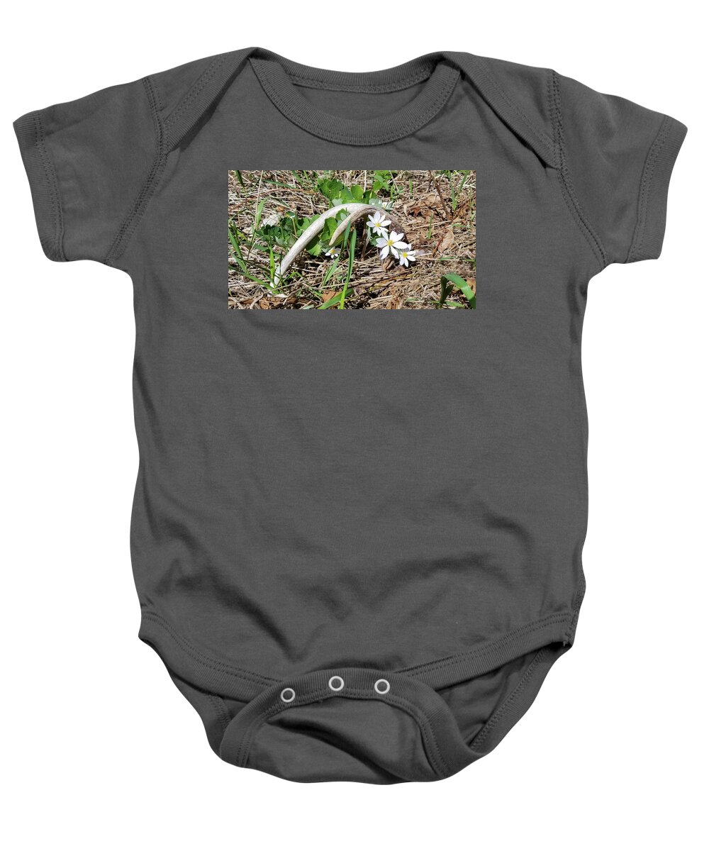 Antler Baby Onesie featuring the photograph Antler and Bloodwort Flowers by Brook Burling