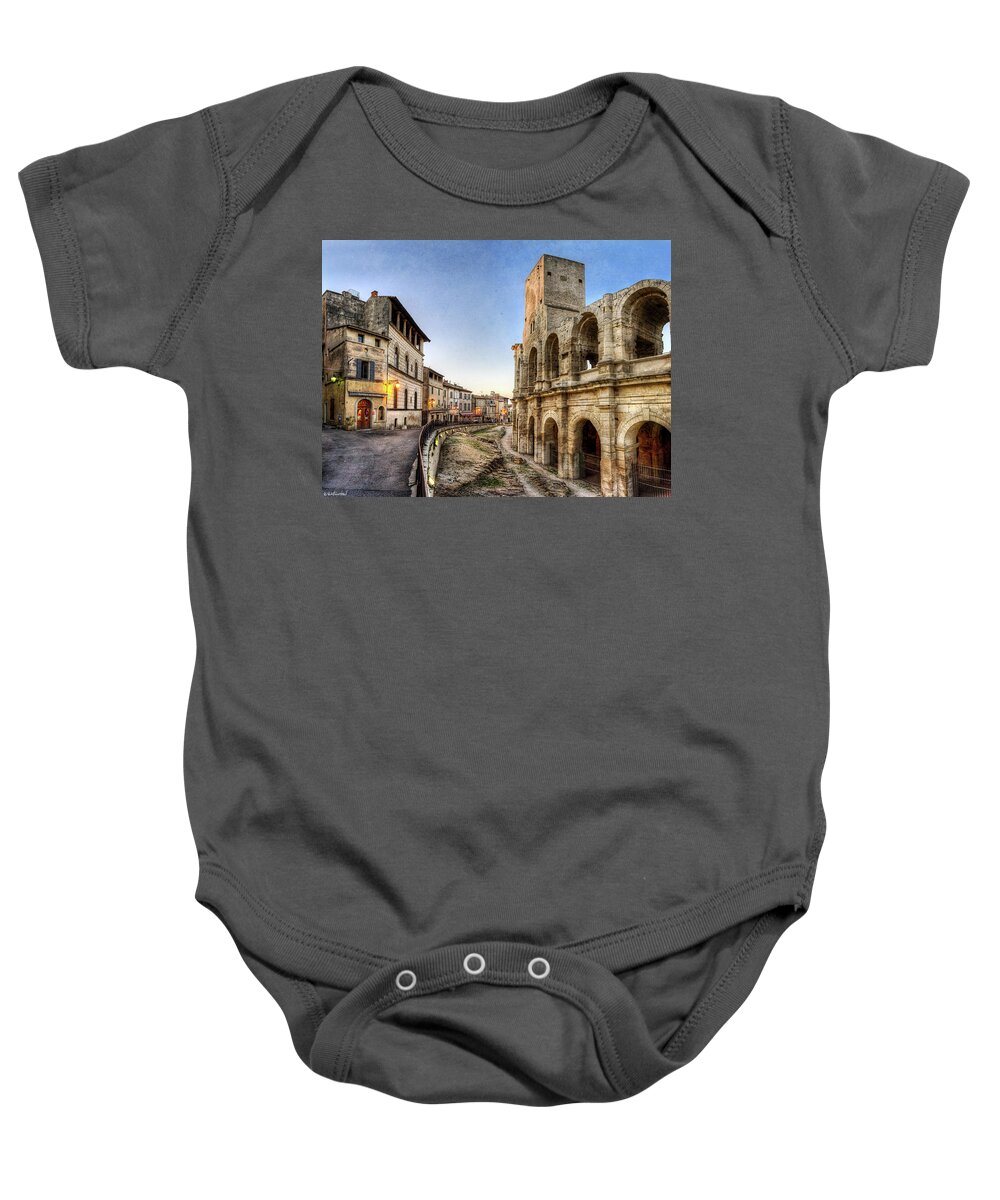 Arles Baby Onesie featuring the photograph Arles streets and arena - Vintage version by Weston Westmoreland
