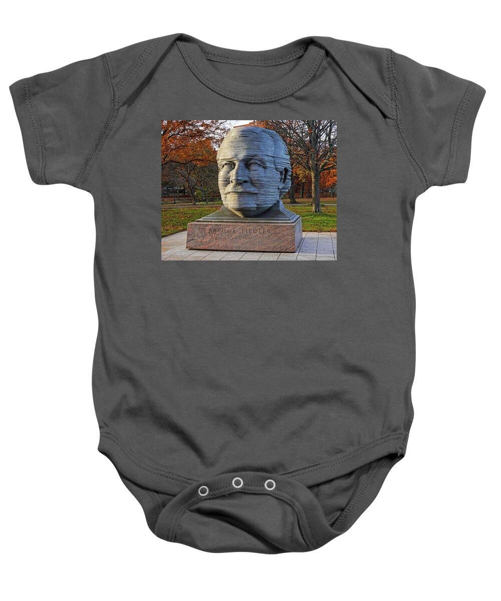 Boston Baby Onesie featuring the photograph Arthur Fiedler Statue Charles River Boston MA in the Fall by Toby McGuire