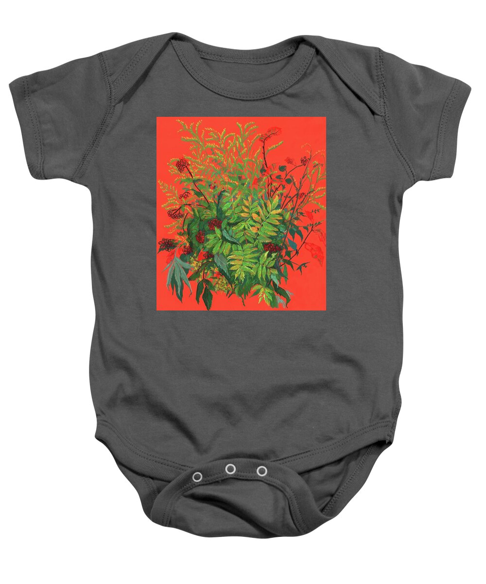 Autumnal Plants Bouquet Baby Onesie featuring the painting Autumn floral, rowan leaves, elder berries and goldenrod by Julia Khoroshikh