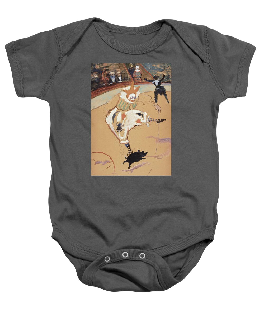 19th Century Art Baby Onesie featuring the painting At the Circus Fernando - Medrano with a Piglet by Henri de Toulouse-Lautrec