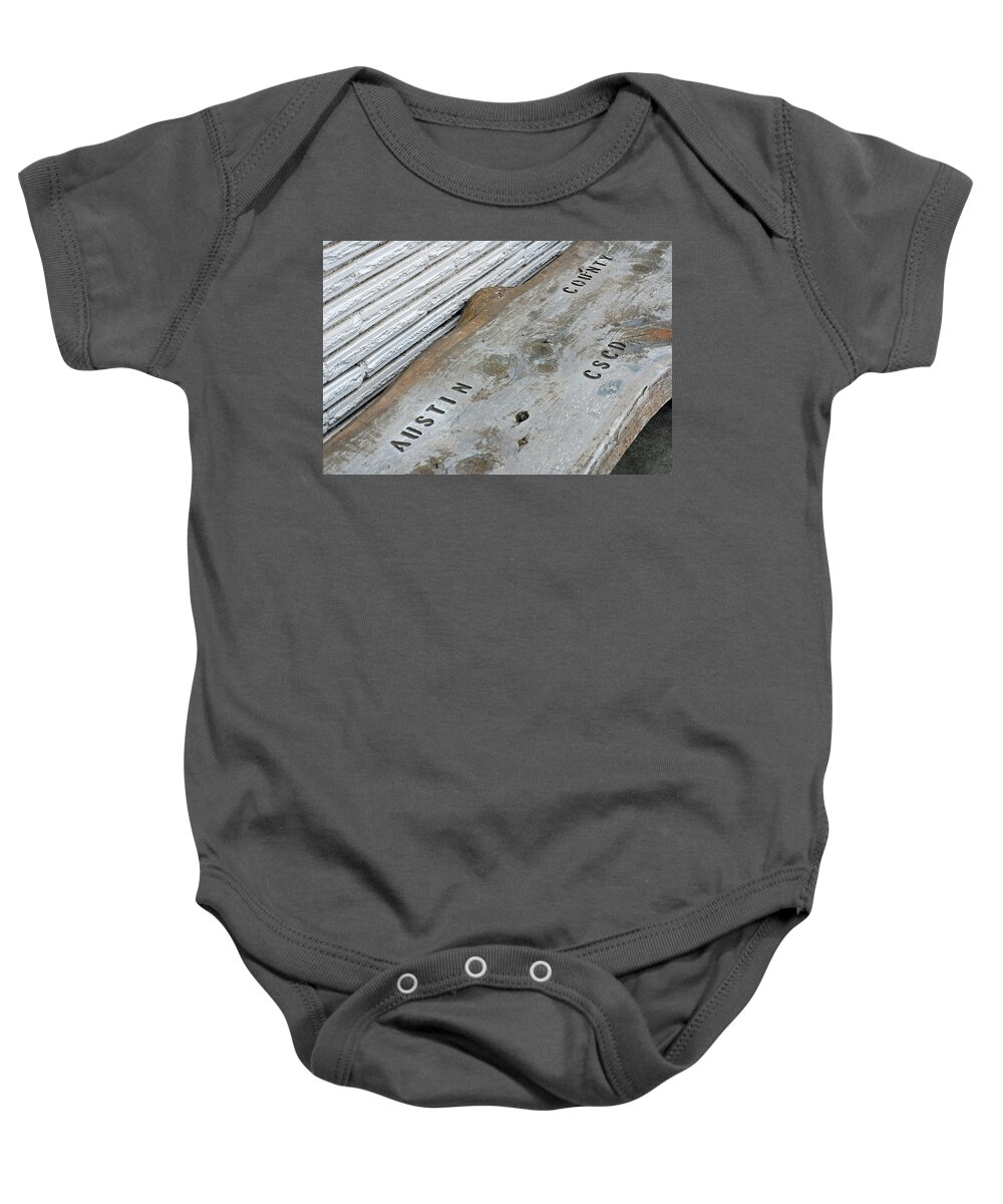 Wood Bench Baby Onesie featuring the photograph Austin County C.S.C.D. Bench by Connie Fox