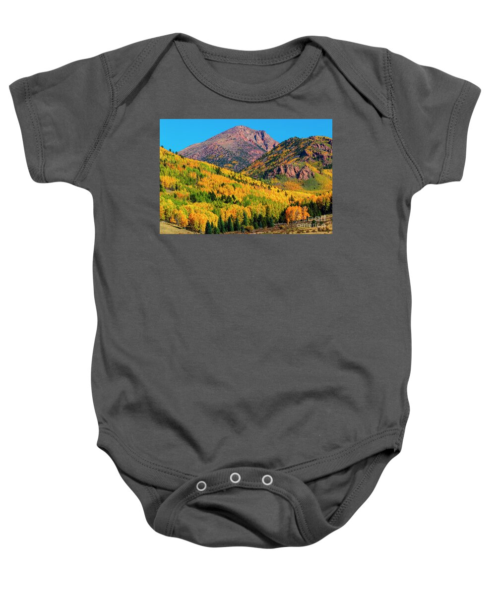 Pikes Peak Baby Onesie featuring the photograph Autumn Aspen Leaves of Pikes Peak by Steven Krull