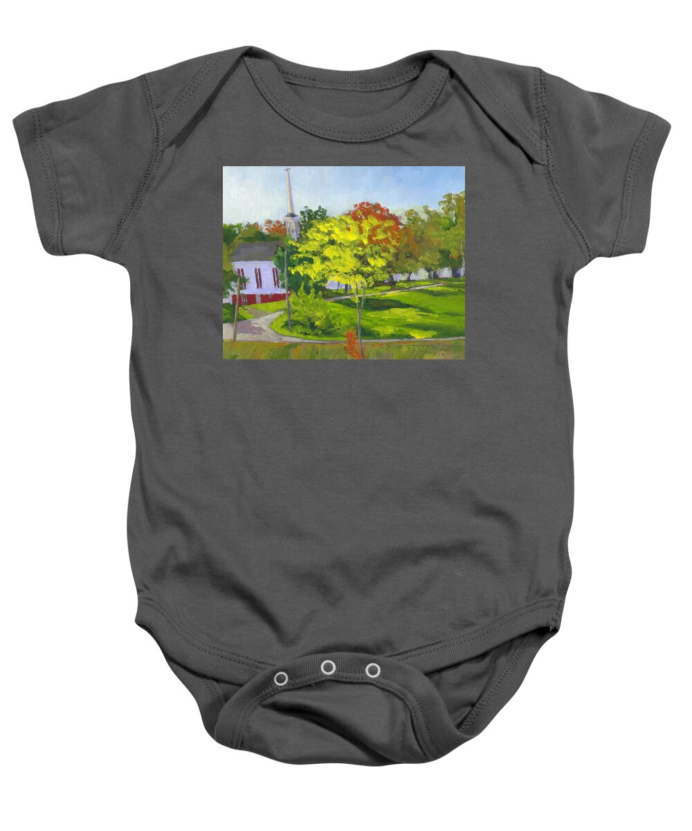 Autumn Baby Onesie featuring the painting Autumn Comes to Sheepscot by Bill Tomsa