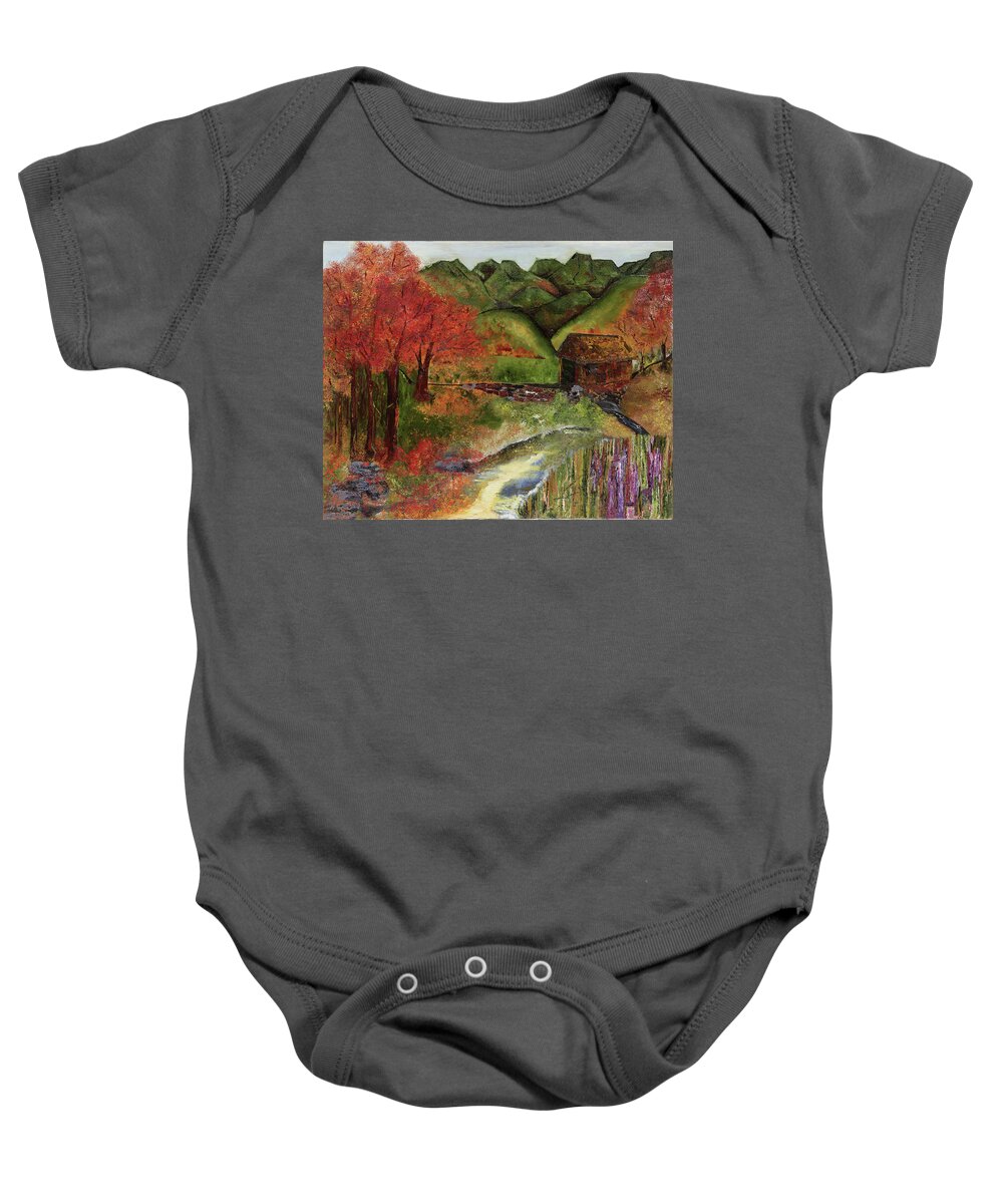 Fall Landscape Baby Onesie featuring the painting Autumn Reflections by Anitra Boyt