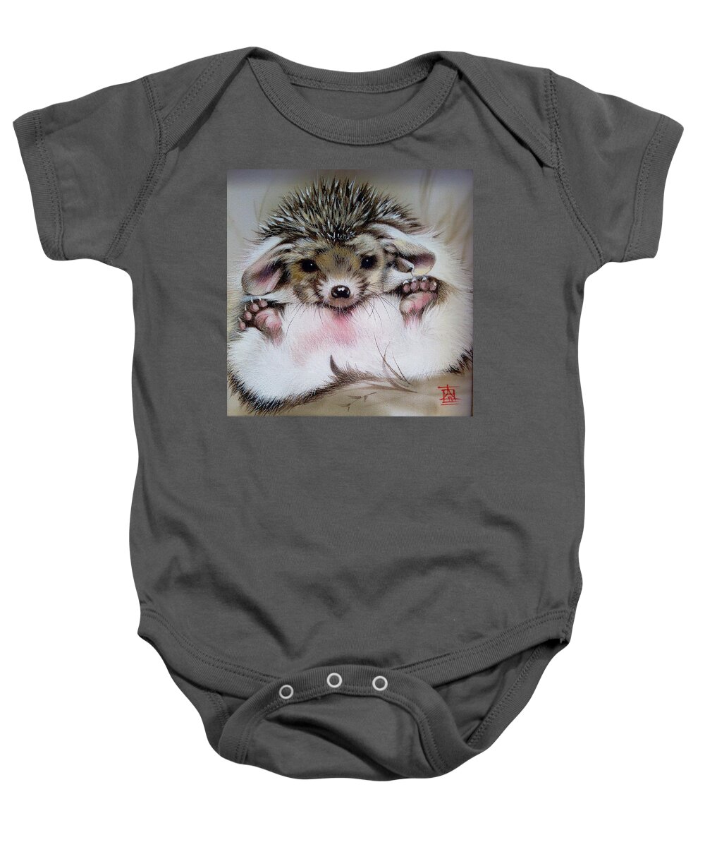 Russian Artists New Wave Baby Onesie featuring the painting Awakened Baby Hedgehog by Alina Oseeva