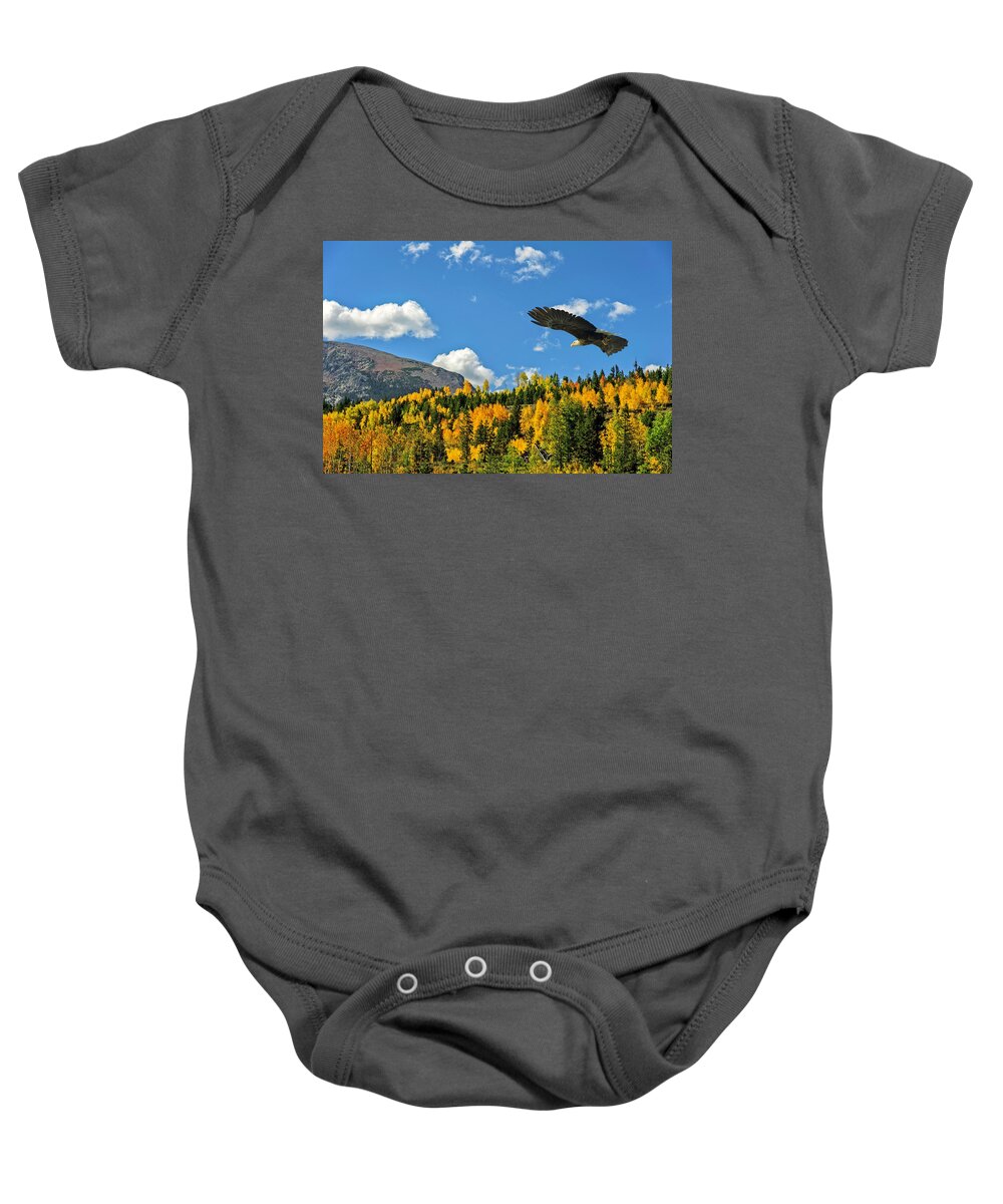Aspen Baby Onesie featuring the photograph Bald Eagle over the Aspen by Stephen Johnson