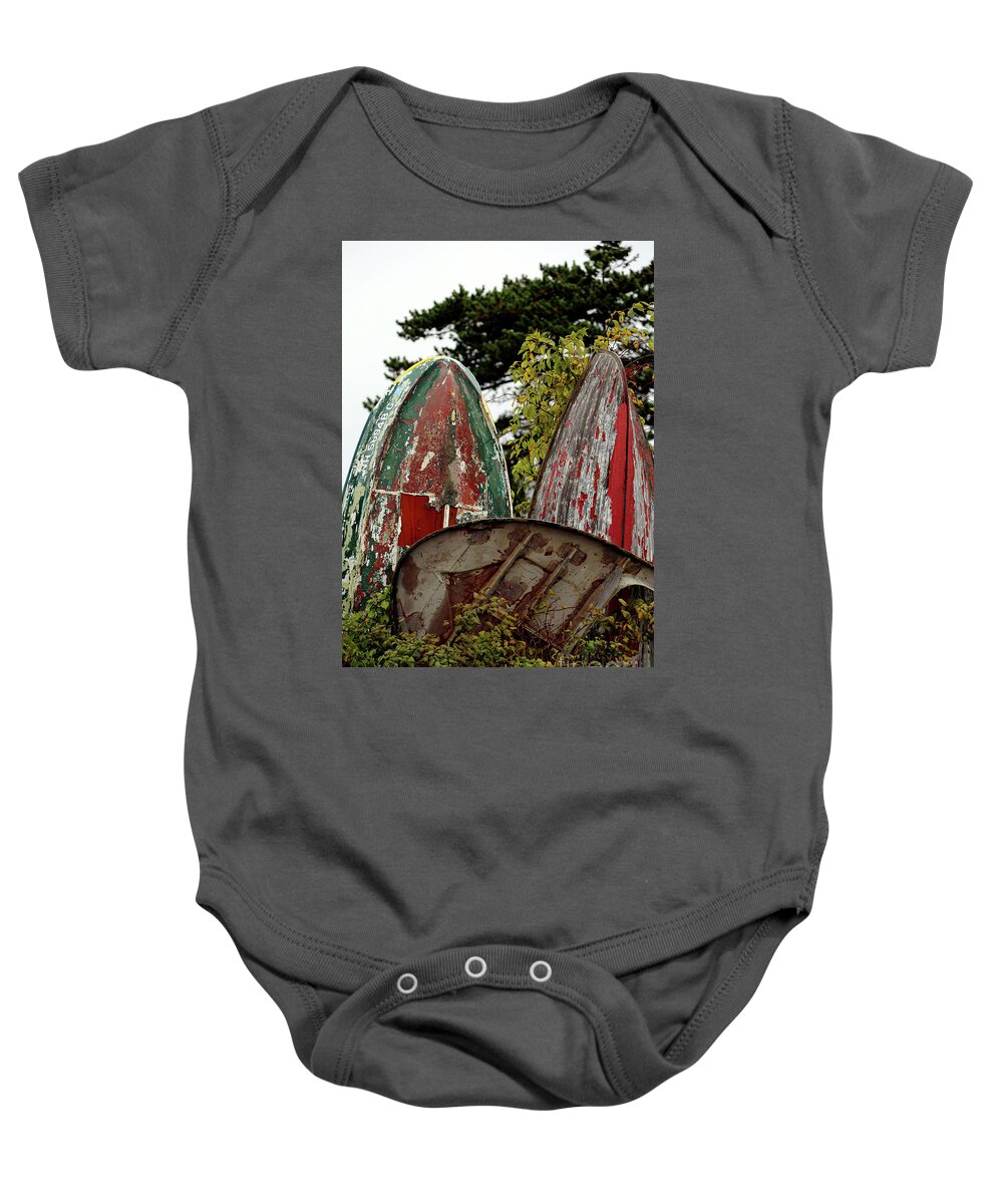 Battered Boats Baby Onesie featuring the photograph Battered Boats by Terri Brewster