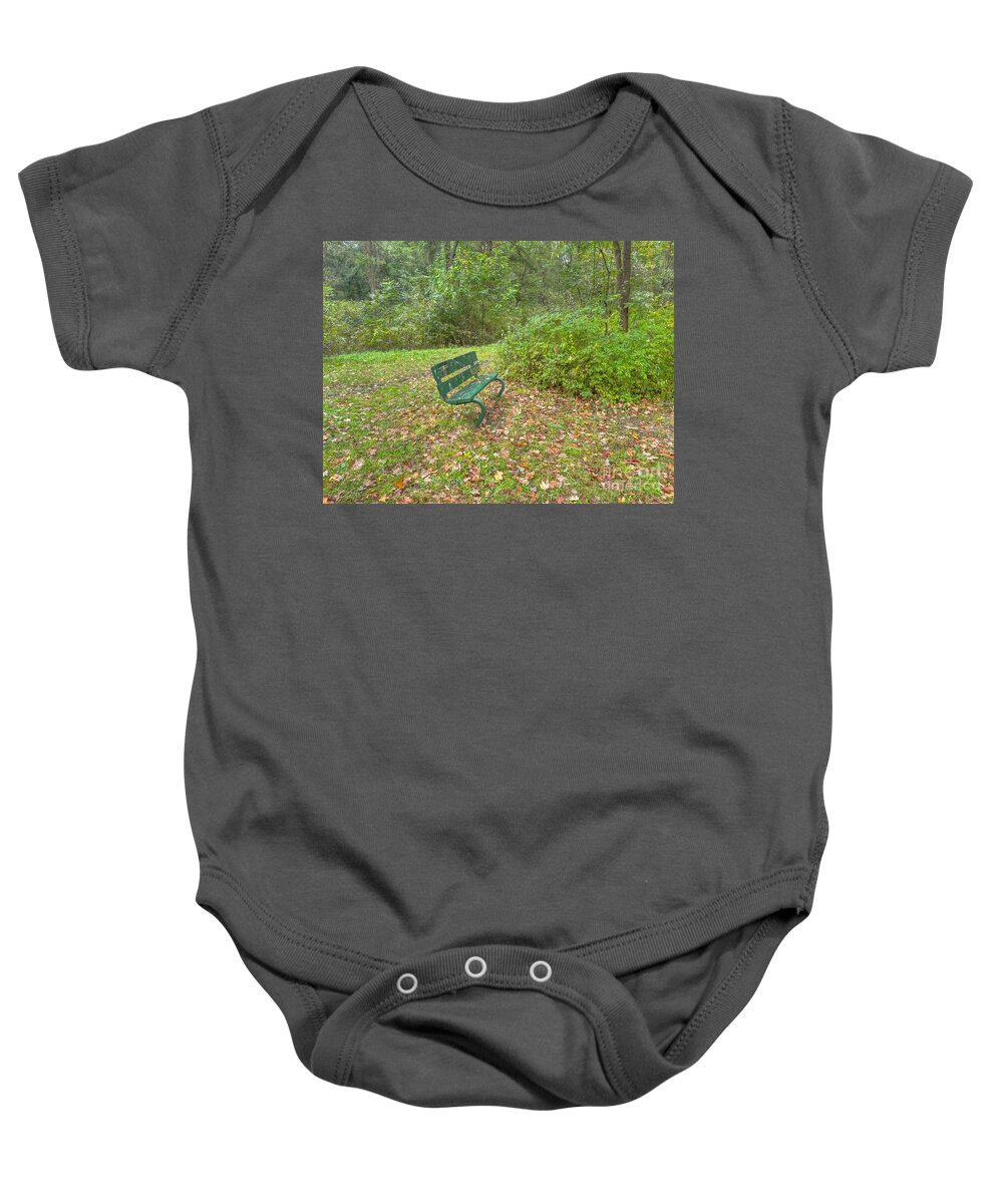 Bench Baby Onesie featuring the photograph Bench overlooking Pine Quarry by Jeremy Lankford