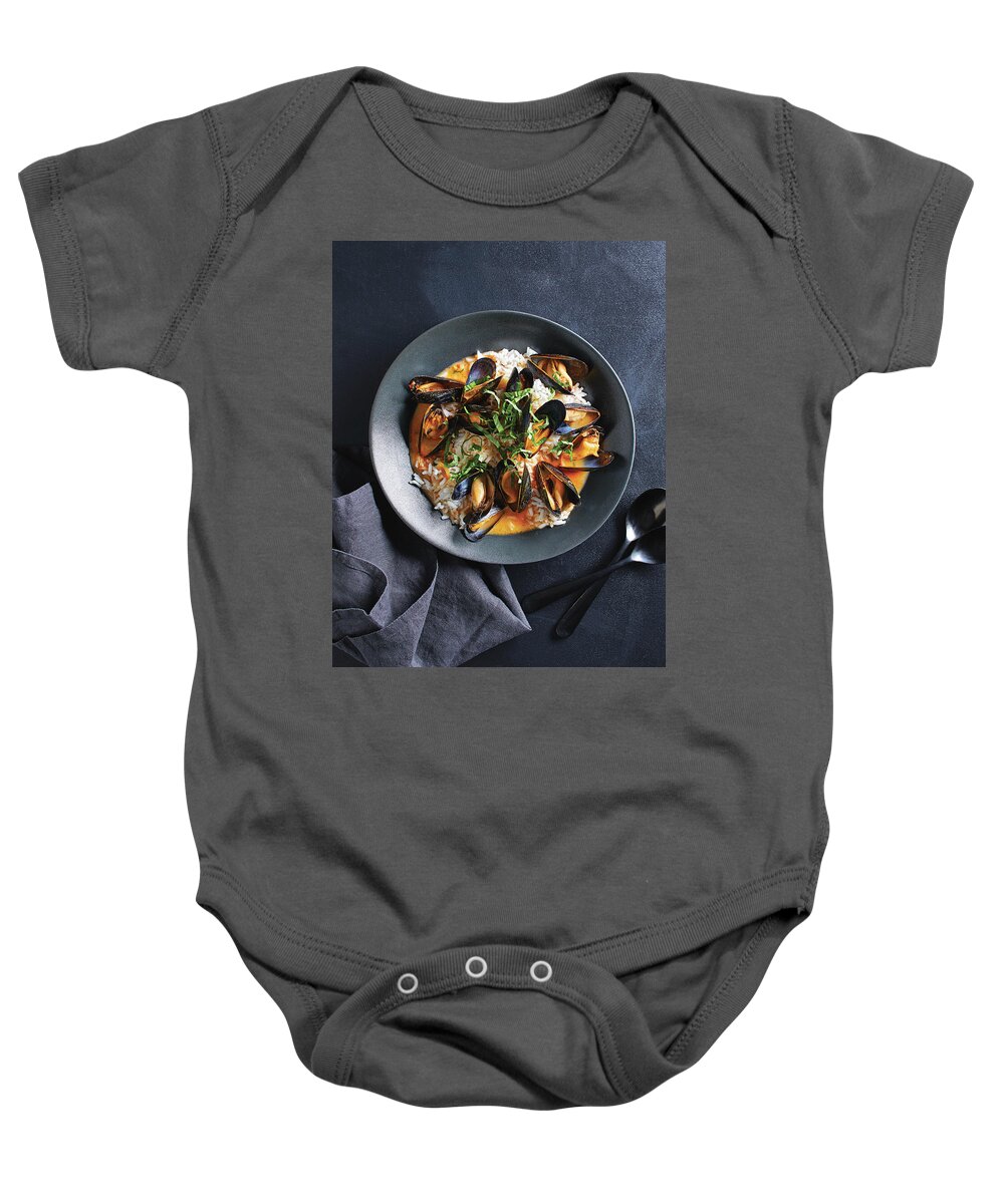 Red Baby Onesie featuring the photograph Big mussels by Cuisine at Home