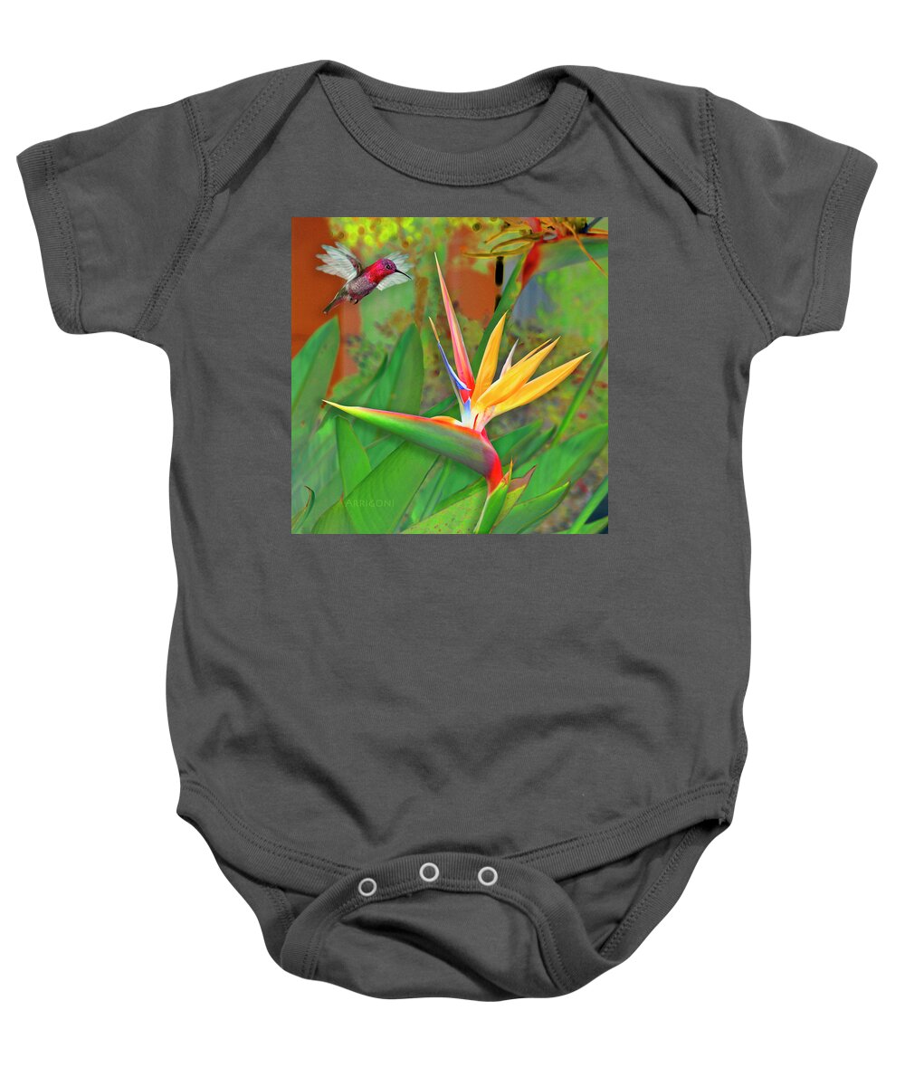 Bird Of Paradise Baby Onesie featuring the painting Birds of Paradise, Green by David Arrigoni