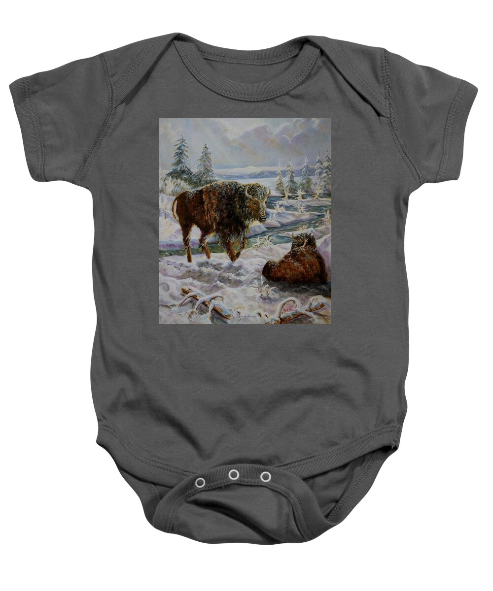 Yellowstone Bison In The Winter Baby Onesie featuring the painting Bison In Yellowstone In The Winter by Philip And Robbie Bracco