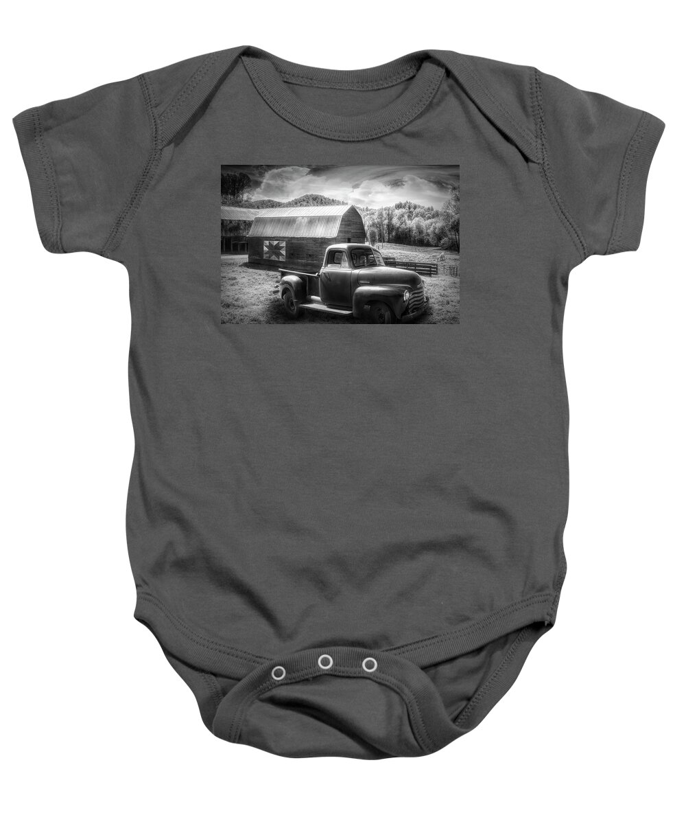 1947 Baby Onesie featuring the photograph Black and White Truck at the Farm Barn by Debra and Dave Vanderlaan