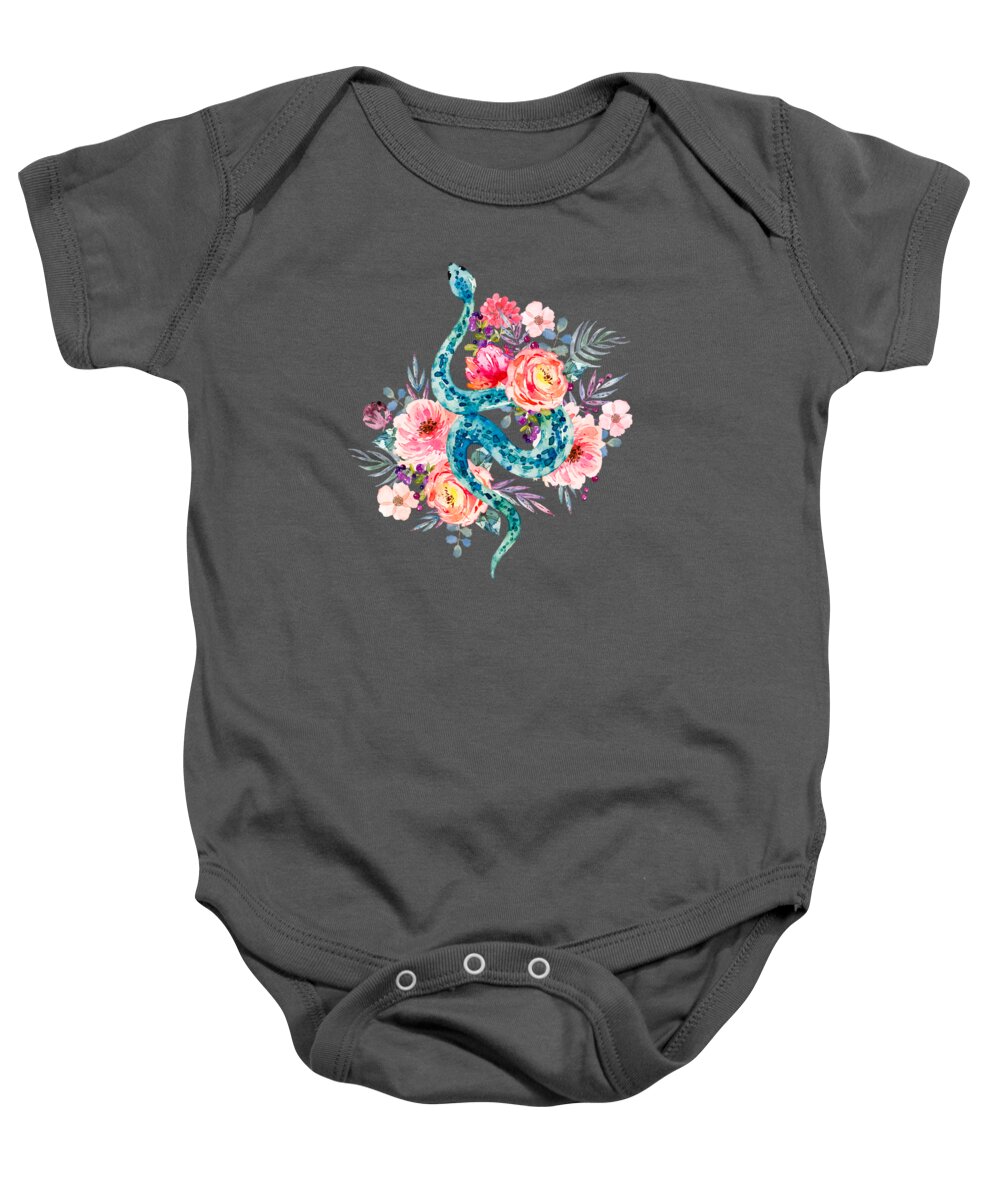 Flowers Baby Onesie featuring the painting Blue Watercolor Snake In The Flower Garden by Little Bunny Sunshine