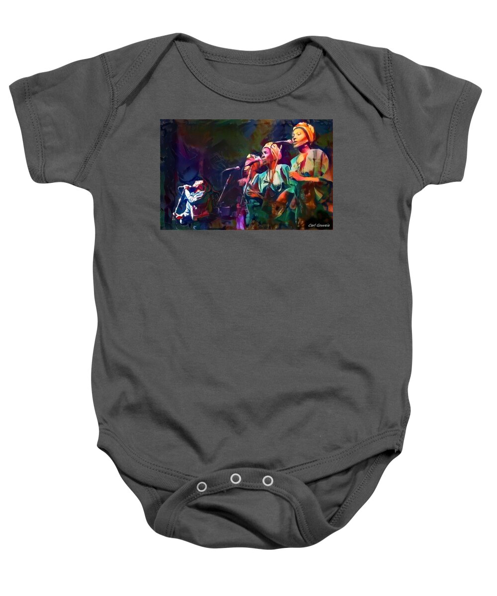 Bob Marley Baby Onesie featuring the mixed media Bob Marley and the I Threes by Carl Gouveia