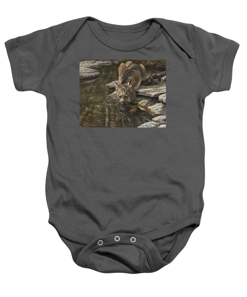 Paintings Baby Onesie featuring the painting Bobcat Drinking from Stream by Alan M Hunt