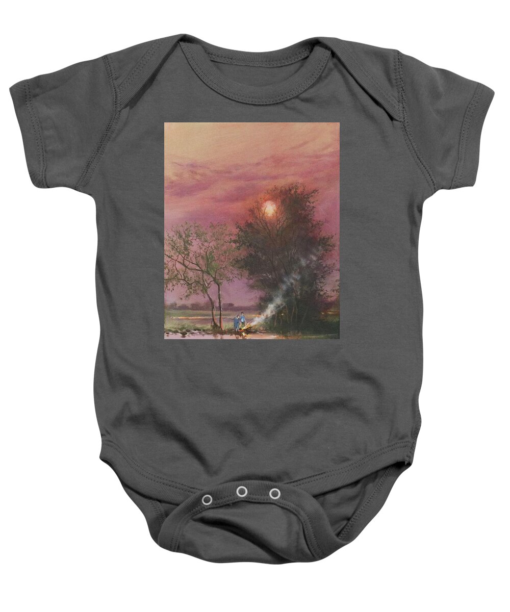 ; Bonfire Baby Onesie featuring the painting Bonfire By The Creek by Tom Shropshire